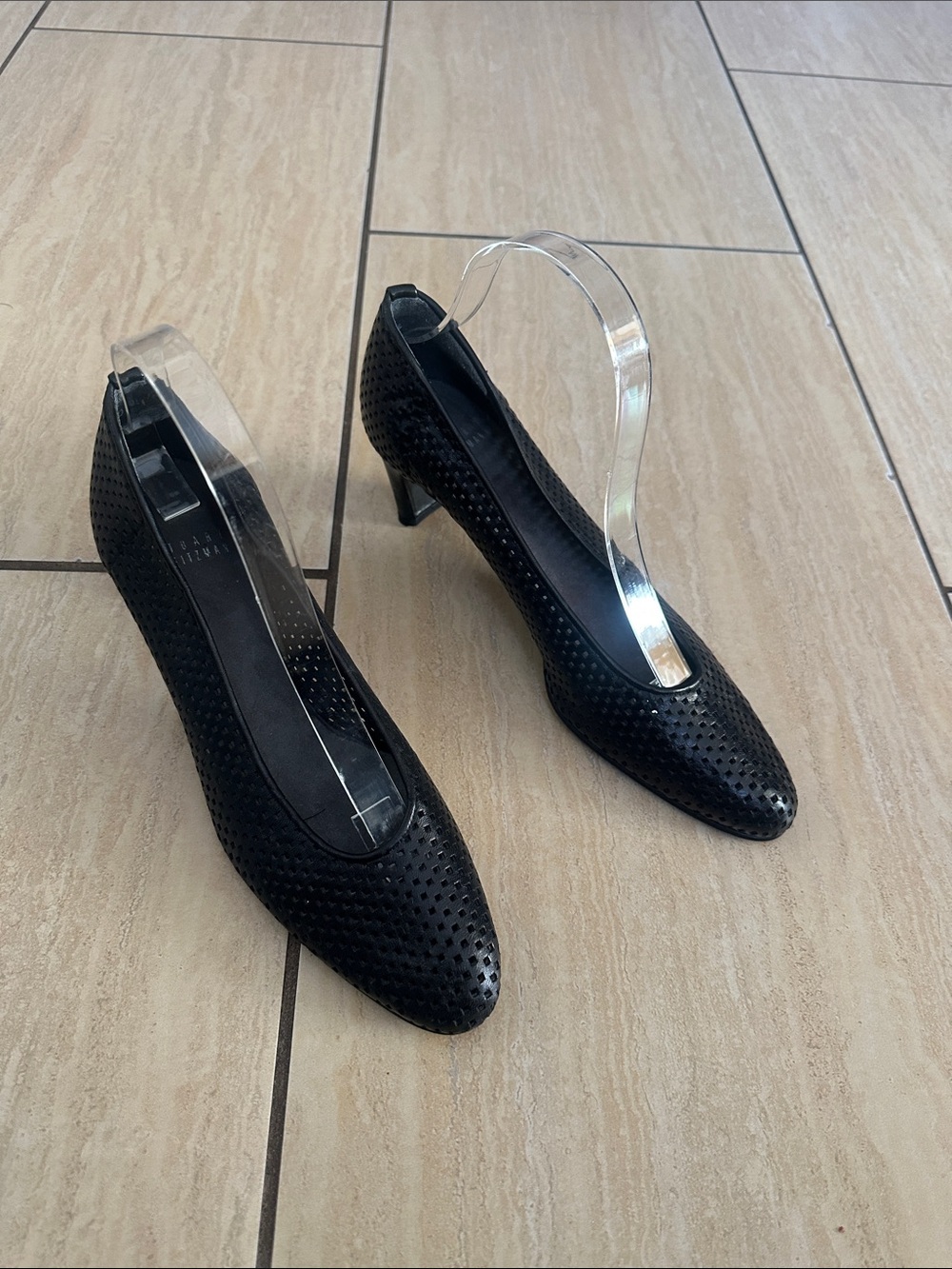 Stuart Weitzman Black Leather Classic Perforated Kitten Heel Pumps Size is 8